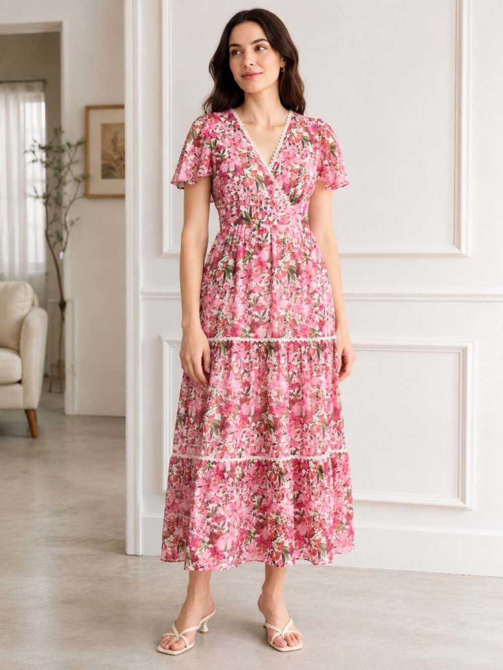 Anne Klein Women 10 Rose Floral Flutter Sleeve Tiered Maxi Dress NWT - Picture 2 of 10